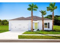 Charming one-story home featuring a light grey exterior, attached garage and lush landscaping with palm trees at 2152 Tennessee St, Sumterville, FL 33585