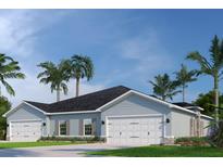 Charming single-story home featuring a two-car garage, well-manicured lawn, and lush tropical landscaping at 1252 Turtle Island Rd, Lady Lake, FL 32159