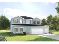 Two-story home features light-blue siding, gray shutters, three-car garage, and manicured landscaping at 11057 Nellie Crossing Cir, Clermont, FL 34711
