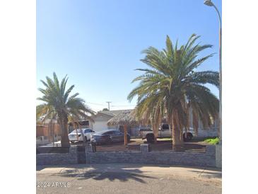 Charming home featuring a distinctive tiki hut carport and mature palm trees lining the property at 5007 W Weldon Ave, Phoenix, AZ 85031
