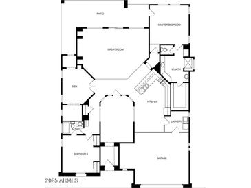 Detailed floor plan featuring a patio, Primary bedroom, great room, kitchen, den, and garage at 26747 N 127Th Dr, Peoria, AZ 85383