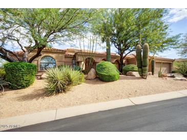 Desert landscaping surrounds this beautiful one-story home with a large front yard at 10914 E Cinder Cone Trl, Scottsdale, AZ 85262