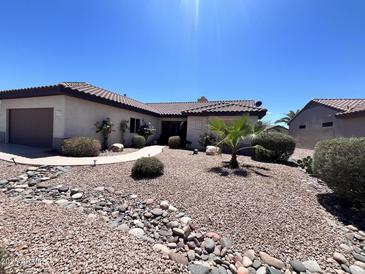 Charming single-story home featuring a low-maintenance desert landscape with decorative rocks and a pathway to the front door at 18326 N Gila Springs Dr, Surprise, AZ 85374