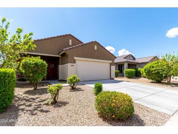 Single-story home with a two-car garage and a well-manicured front yard featuring mature landscaping at 18147 W Ida Ln, Surprise, AZ 85387