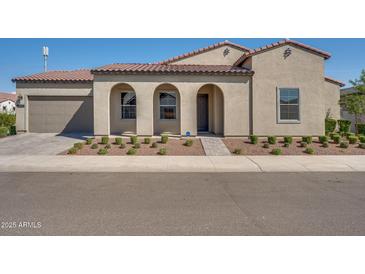 Inviting single-story home featuring a terra cotta tile roof and a meticulously landscaped front yard at 11691 N Luckenbach St, Surprise, AZ 85388