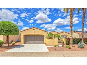 Charming single-Gathering home showcasing desert landscaping, palm trees, and an attached two-car garage at 13668 W Figueroa Dr, Sun City West, AZ 85375