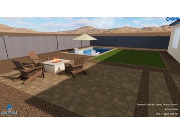 Inviting backyard oasis with a sparkling pool, fire pit, and patio seating at 4360 N 186Th Ln, Goodyear, AZ 85395