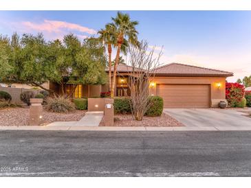 Inviting single-story home featuring a lush, landscaped front yard with desert plants and a two car garage at 3799 N 154Th Dr, Goodyear, AZ 85395