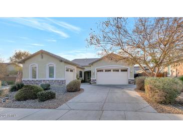 House exterior featuring a two-car garage and mature trees at 7873 W Fetlock Trl, Peoria, AZ 85383