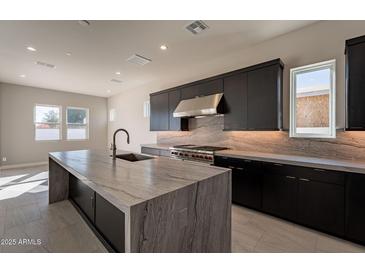 Modern kitchen with large island, stainless steel appliances, and dark cabinetry at 21951 E Misty Ln, Queen Creek, AZ 85142