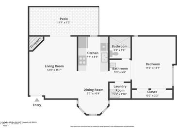 Detailed floor plan showcasing the layout of the home with dimensions and room names at 4540 N 44Th St # 41, Phoenix, AZ 85018