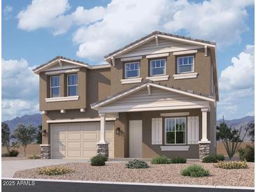 Two-story house with beige exterior, three-car garage, and landscaping at 22820 E Lords Way, Queen Creek, AZ 85142
