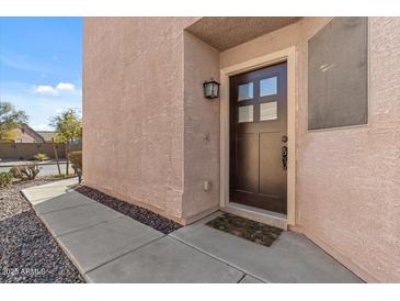 Inviting home exterior with a dark brown front door and a stone pathway at 24158 N Nectar Ave, Florence, AZ 85132