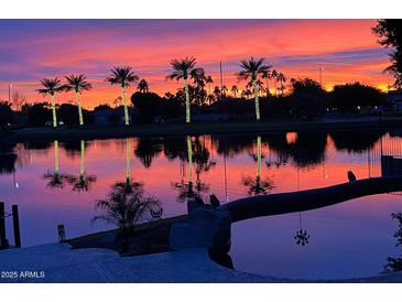 Stunning sunset over lake with palm trees reflecting in the water at 1671 W Crescent Way, Chandler, AZ 85248