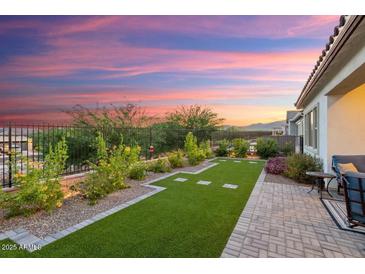 Beautiful backyard featuring artificial turf, rock beds, and a wrought iron fence with mountain views at 20363 W Coolidge St, Buckeye, AZ 85396