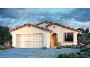 One-story house with Spanish-style architecture, featuring a two-car garage and desert landscaping at 12221 W Lonesome Trl, Peoria, AZ 85383