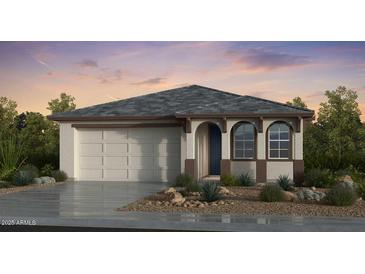 One-story home with gray roof, white siding, and a two-car garage at 7802 E Quintana Ave, Mesa, AZ 85212