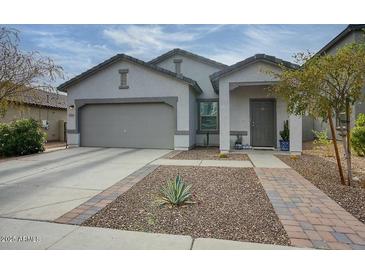 Single-story home with gray exterior, two-car garage, and landscaped front yard at 19563 W Annika Dr, Litchfield Park, AZ 85340