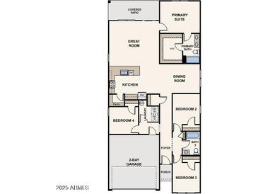 One-story home floor plan featuring 2-bay garage, primary suite, and multiple bedrooms at 1455 E Peggy Dr, Casa Grande, AZ 85122