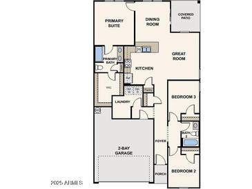 Open floor plan featuring primary suite, 2 bedrooms, kitchen, dining room, and 2-bay garage at 1875 Broken Arrow Dr, Wickenburg, AZ 85390