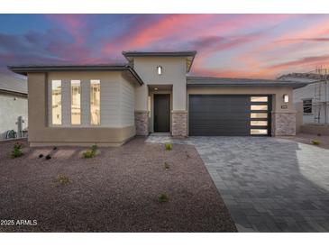 Single-story home with modern facade, gray garage door, and landscaped front yard at 21411 W Meadowbrook Ave, Buckeye, AZ 85396