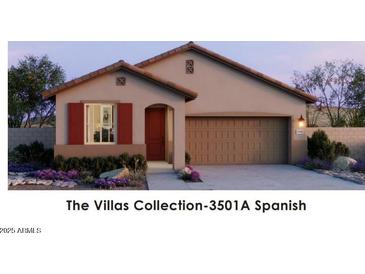 Spanish style home with red accents and a two-car garage at 20829 N 223Rd Ave, Surprise, AZ 85387