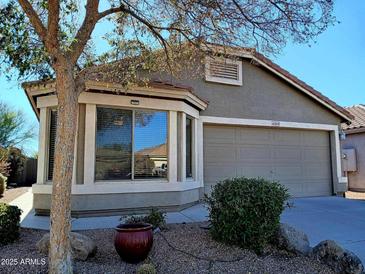 One-story house with light brown exterior, two-car garage, and mature tree in front at 42659 W Sunland Dr, Maricopa, AZ 85138