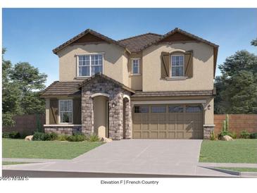 Two-story house with stone accents and a two-car garage at 8235 E Petunia Ave, Mesa, AZ 85212