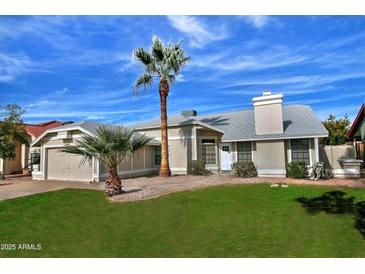 Tan house with a grassy lawn, palm tree, and attached garage at 10934 E Becker Ln, Scottsdale, AZ 85259