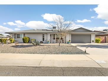 Single-story home with gray exterior, landscaping, and a two-car garage at 17027 N 95Th Dr, Sun City, AZ 85373