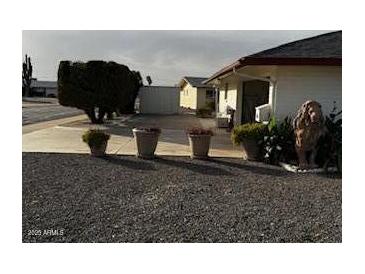 Landscaped side yard with decorative pots and lion statue at 5929 E Duncan St, Mesa, AZ 85205