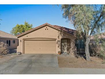 Single-story house with a tan exterior, attached garage, and mature tree in front at 2716 W Allens Peak Dr, San Tan Valley, AZ 85144