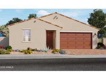 One-story home with tan exterior, brown garage door, and landscaping at 4232 W Hannah St, San Tan Valley, AZ 85144