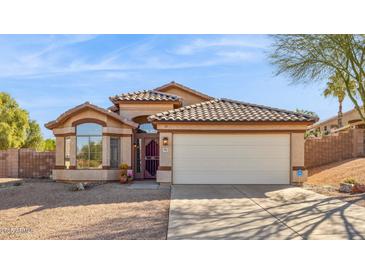 Single-story home with a two-car garage and desert landscaping at 9815 N Sunrise Cir, Fountain Hills, AZ 85268