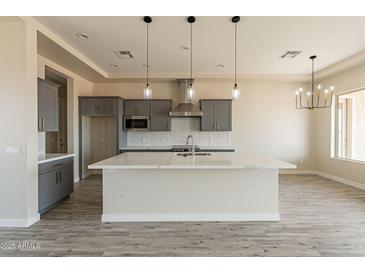 Modern kitchen features a large island, stainless steel appliances, gray cabinets, and stylish pendant lighting at 29380 N 231St Ave, Wittmann, AZ 85361