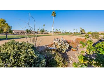 Landscaped backyard with desert plants and golf course view at 8732 W Rockwood Dr, Peoria, AZ 85382