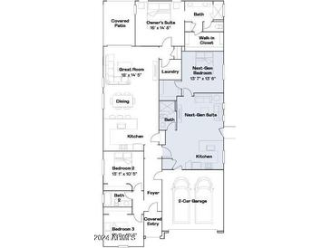 Open floor plan showcasing a spacious owner's suite, multiple bedrooms, and a two-car garage at 20886 S 231St St, Queen Creek, AZ 85142