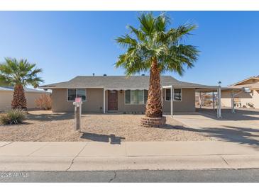 Charming single-story home with desert landscaping, palm trees, and covered parking at 12437 N Riviera Dr, Sun City, AZ 85351