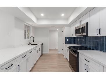 Modern white kitchen with quartz countertops and stainless steel appliances at 10127 W Forrester Dr, Sun City, AZ 85351