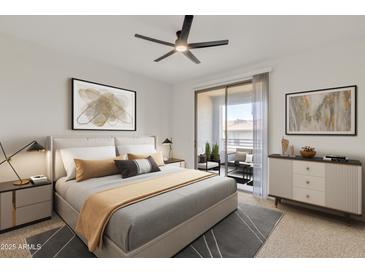 Bright bedroom features a ceiling fan, a balcony with seating, and stylish modern decor at 19777 N 76Th St # 3246, Scottsdale, AZ 85255