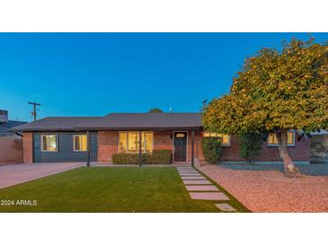 Brick ranch home with a landscaped front yard, and a large tree at 8502 E Catalina Dr, Scottsdale, AZ 85251