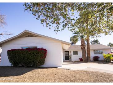 White single story home with red bushes and palm trees at 4525 N 82Nd St, Scottsdale, AZ 85251