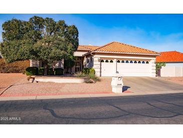 Charming single-story home featuring a terracotta roof and a well-manicured front yard with mature trees at 25440 S Flame Tree Dr, Sun Lakes, AZ 85248