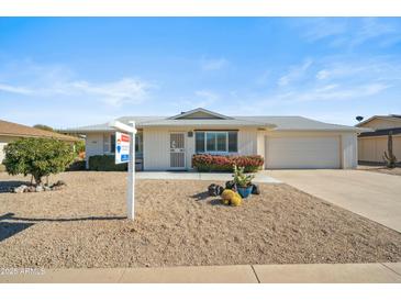 Single-story home with a landscaped front yard and attached garage at 19619 N Signal Butte Cir, Sun City, AZ 85373