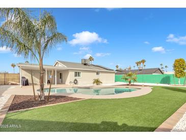 Inviting backyard oasis with sparkling pool, lush grass, and mature palm trees at 557 S Visalia St, Mesa, AZ 85202