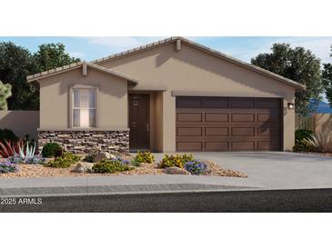 One-story house with brown garage door and stone accents at 17466 W Eva St, Waddell, AZ 85355