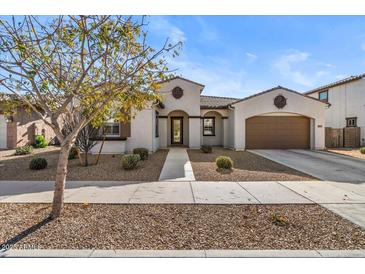 One-story home with tan exterior, brown garage door, and landscaped yard at 22847 E Sonoqui Blvd, Queen Creek, AZ 85142