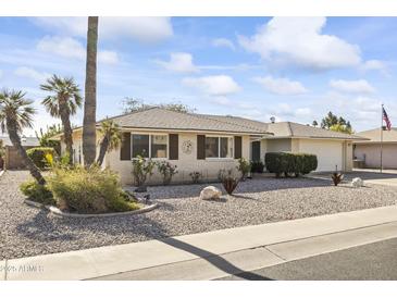 Single story home with landscaped front yard and two-car garage at 10631 W Brookside Dr, Sun City, AZ 85351