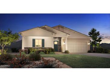 One-story home with light-colored siding, dark shutters, and a stone accent at 6060 S Antonio --, Mesa, AZ 85212