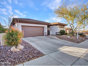 Single-story home with brown garage door and landscaped yard at 41933 N Crooked Stick Rd, Anthem, AZ 85086